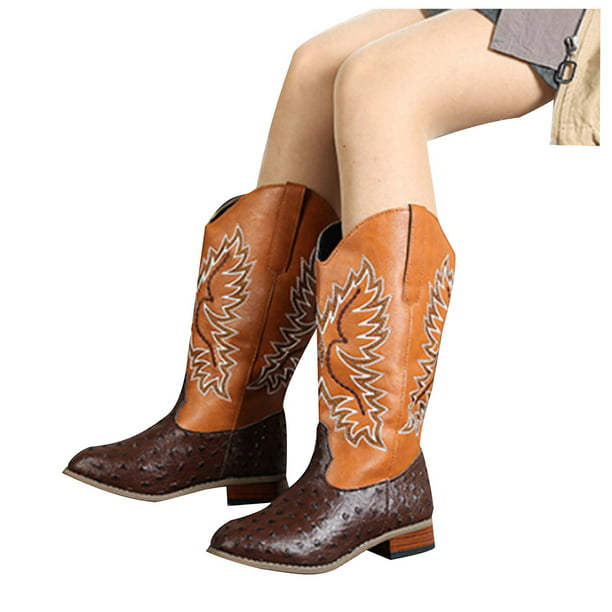 Details about   Women Fashion Embroidery Pointy Toe Cowboy Pull On Block Mid Heel Mid Calf Boots
